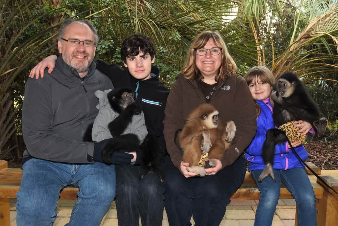 My family of 4 holding 2 black and one brown baby gibbon